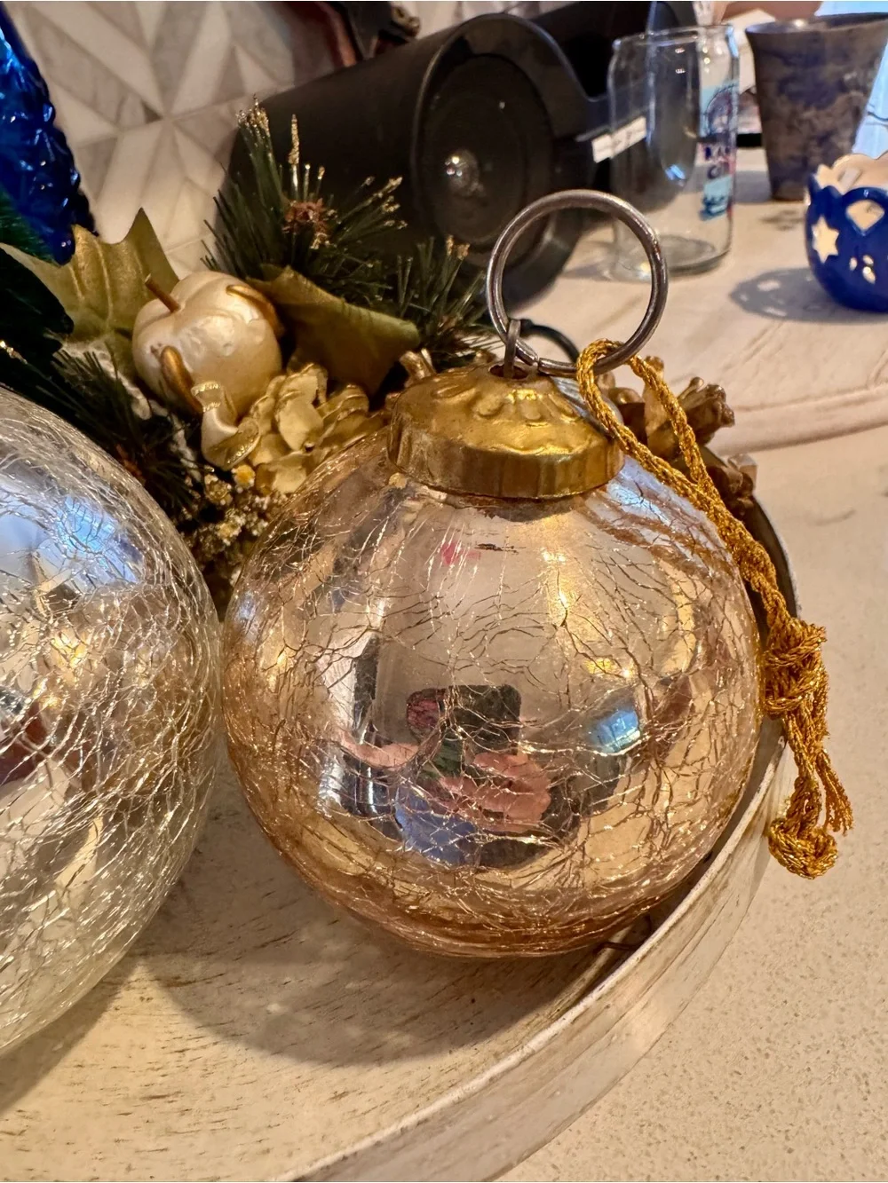 🎄Set of 2 Kugel Style Heavy Blown Crackle Glass Ornaments Gold & Silver Lot